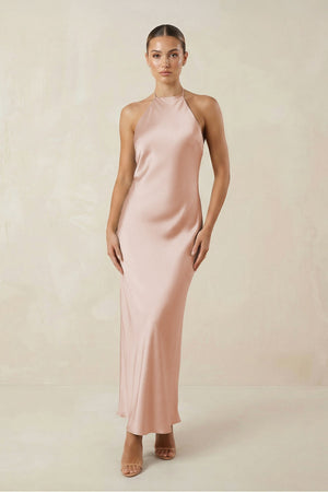 Halter Satin Sheath Midi Bridesmaid Dress in Pale Blush - KISS BRIDAL Bridesmaid Dresses