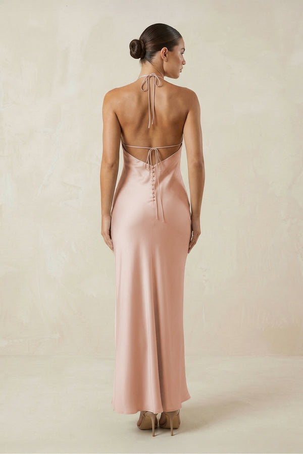Halter Satin Sheath Midi Bridesmaid Dress in Pale Blush - KISS BRIDAL Bridesmaid Dresses