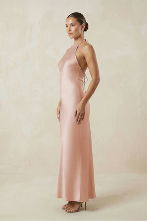 Halter Satin Sheath Midi Bridesmaid Dress in Pale Blush - KISS BRIDAL Bridesmaid Dresses