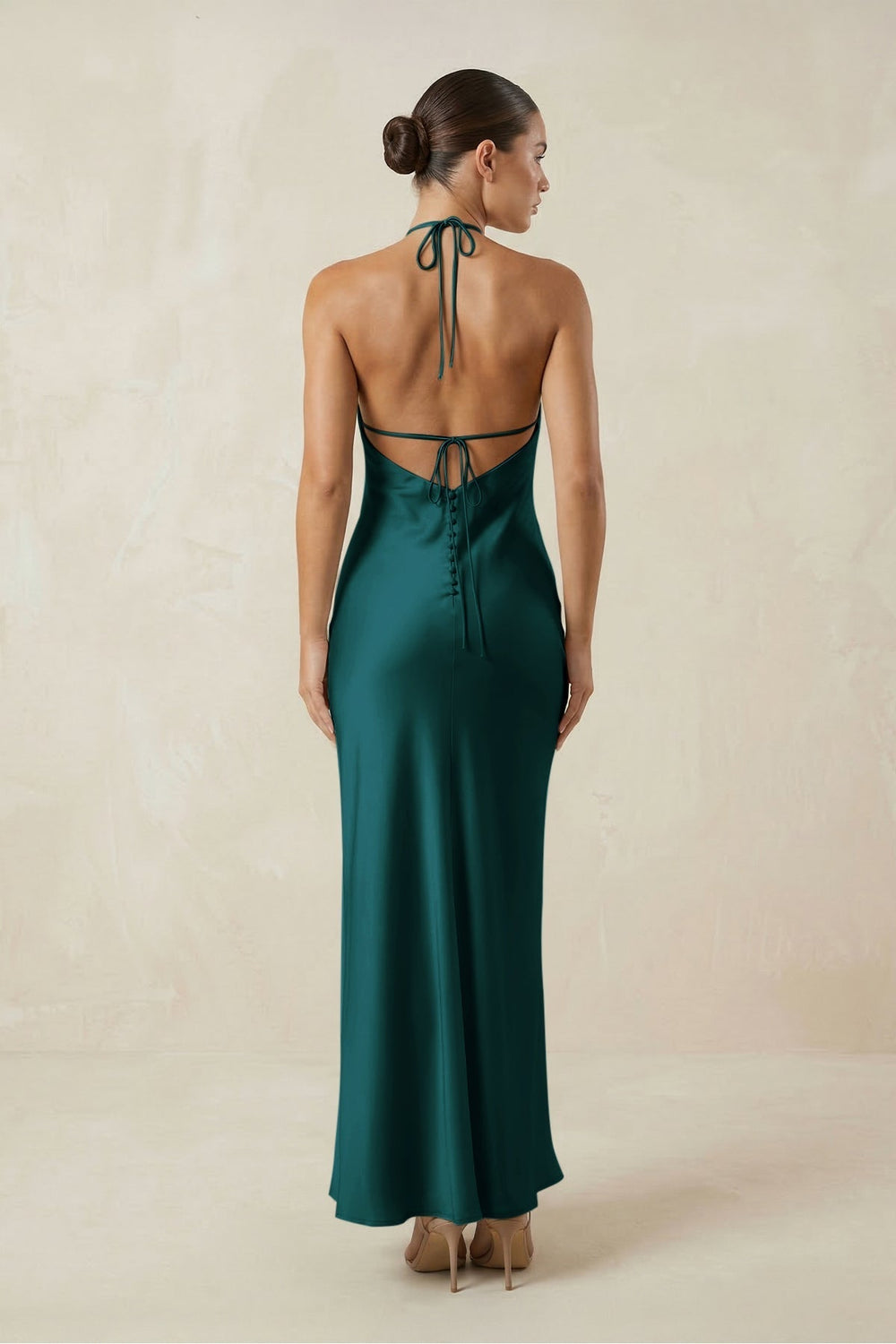 Halter Satin Sheath Midi Bridesmaid Dress in Pine