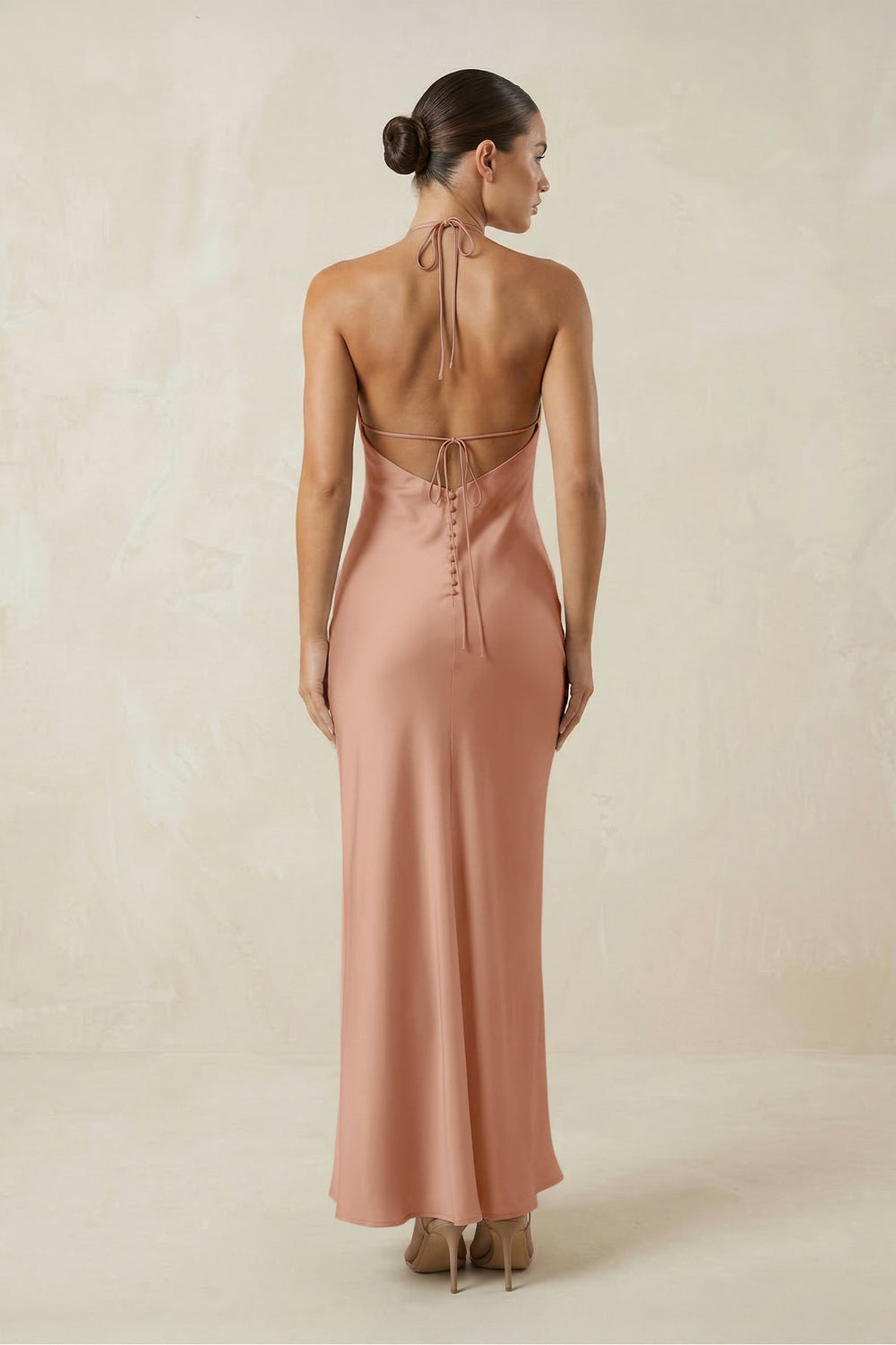 Halter Satin Sheath Midi Bridesmaid Dress in Rosette