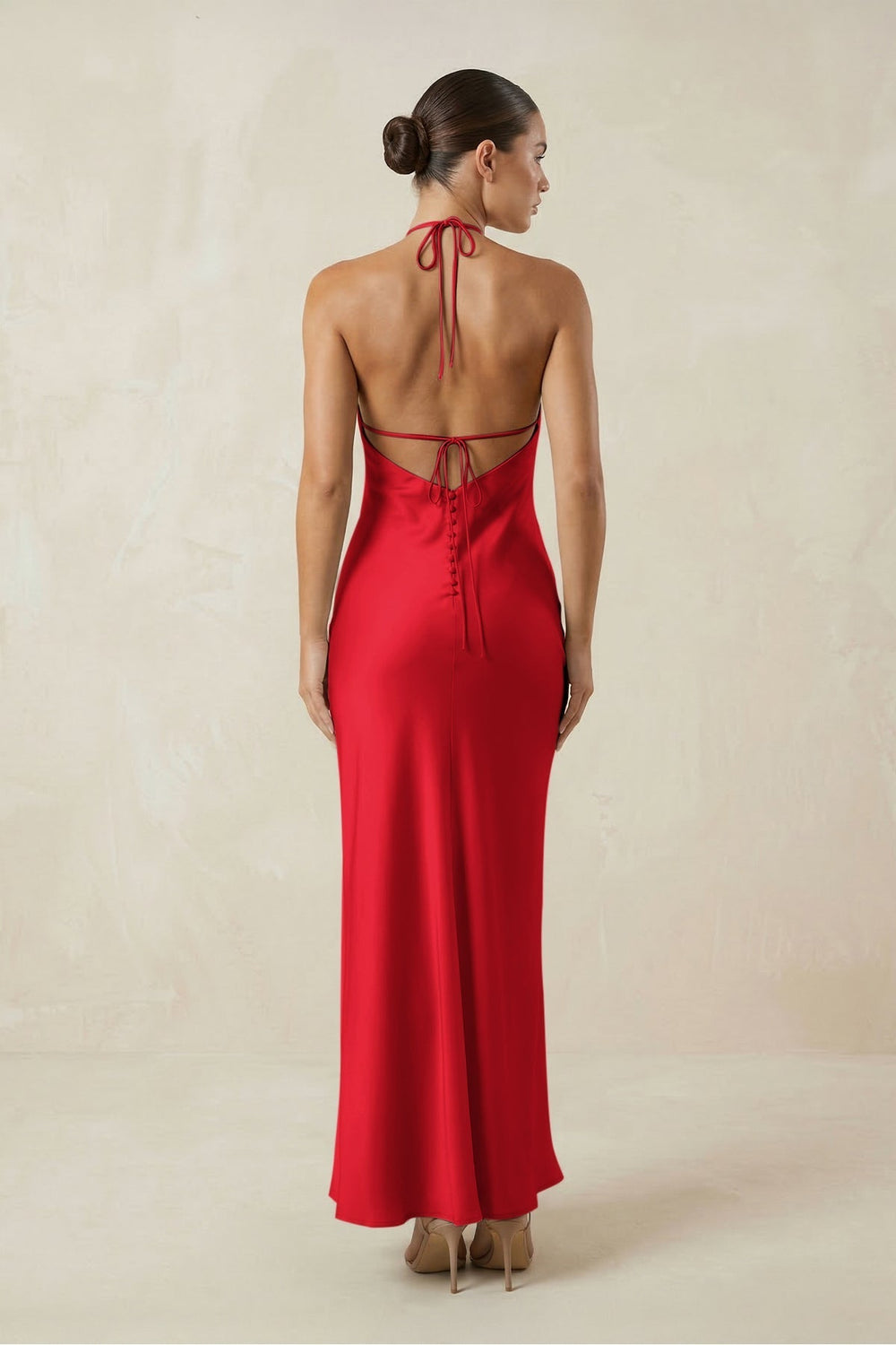 Halter Satin Sheath Midi Bridesmaid Dress in Ruby Red
