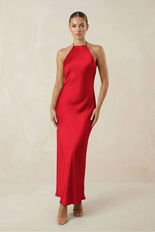 Halter Satin Sheath Midi Bridesmaid Dress in Ruby Red - KISS BRIDAL Bridesmaid Dresses