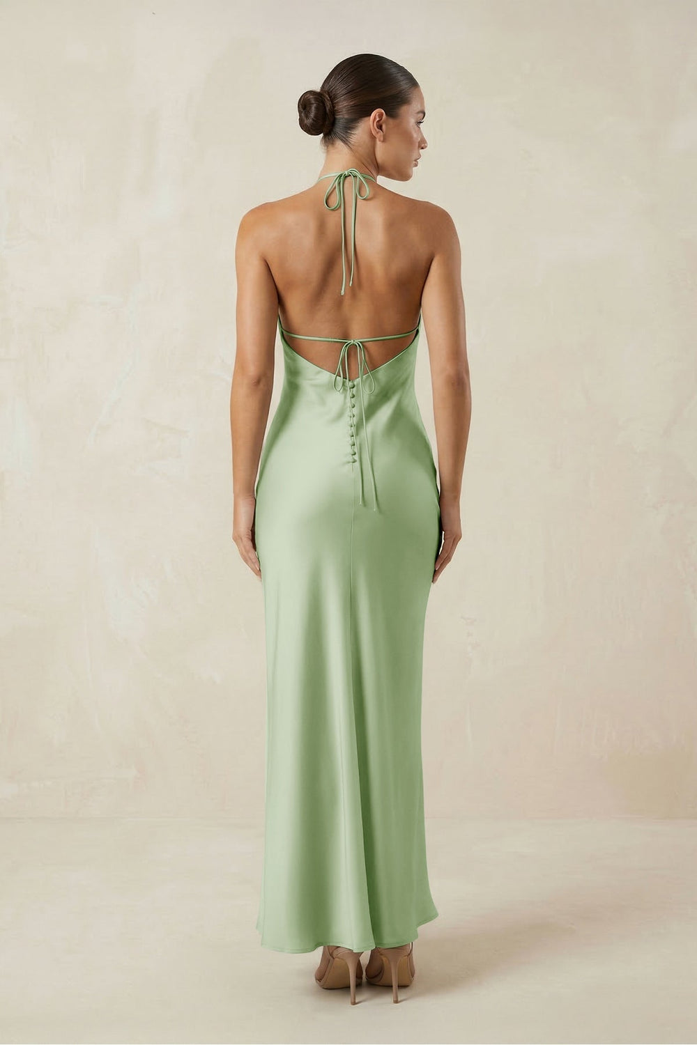 Halter Satin Sheath Midi Bridesmaid Dress in Sage