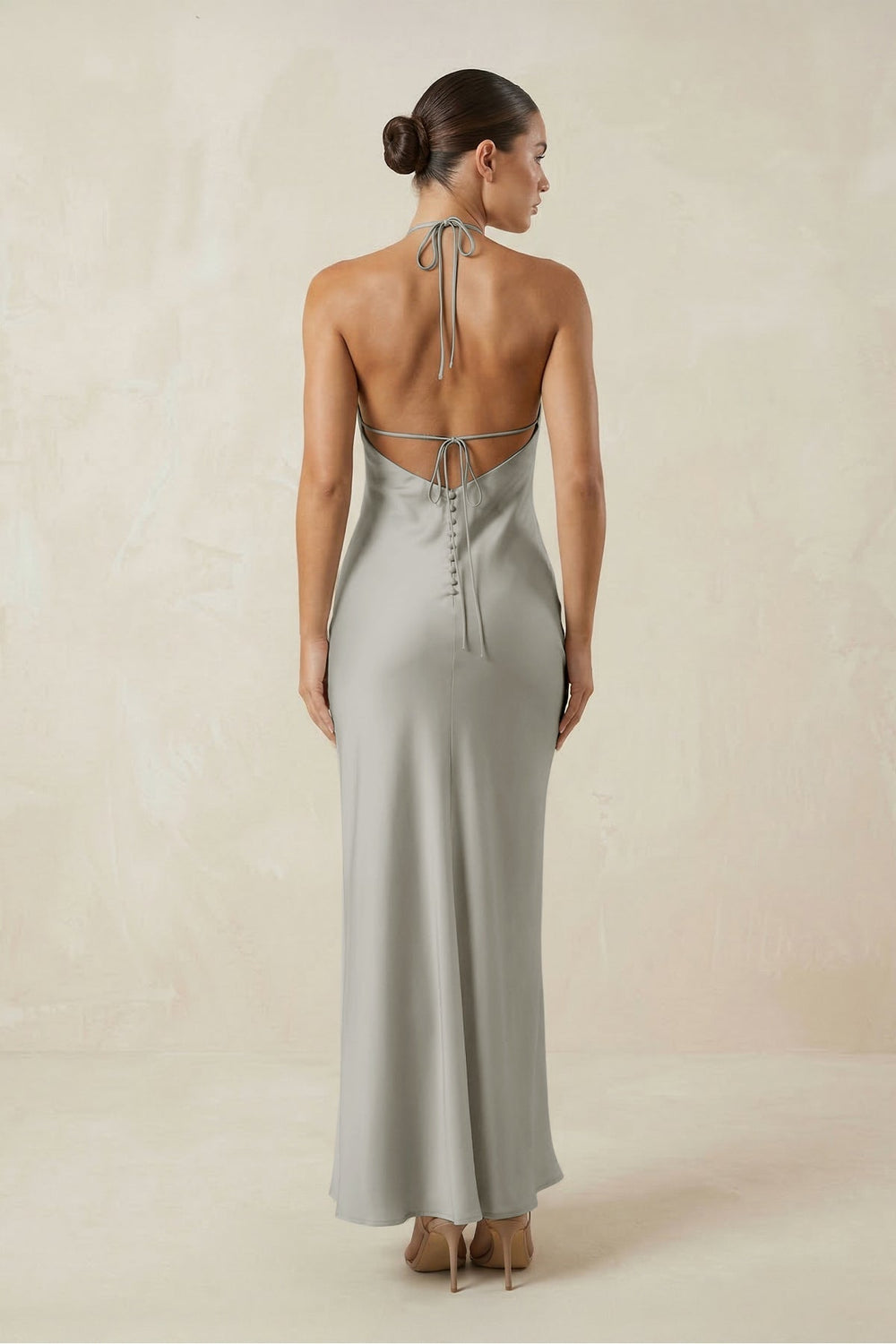 Halter Satin Sheath Midi Bridesmaid Dress in Silver