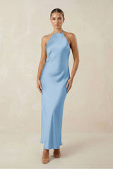 Halter Satin Sheath Midi Bridesmaid Dress in Sky Blue - KISS BRIDAL Bridesmaid Dresses