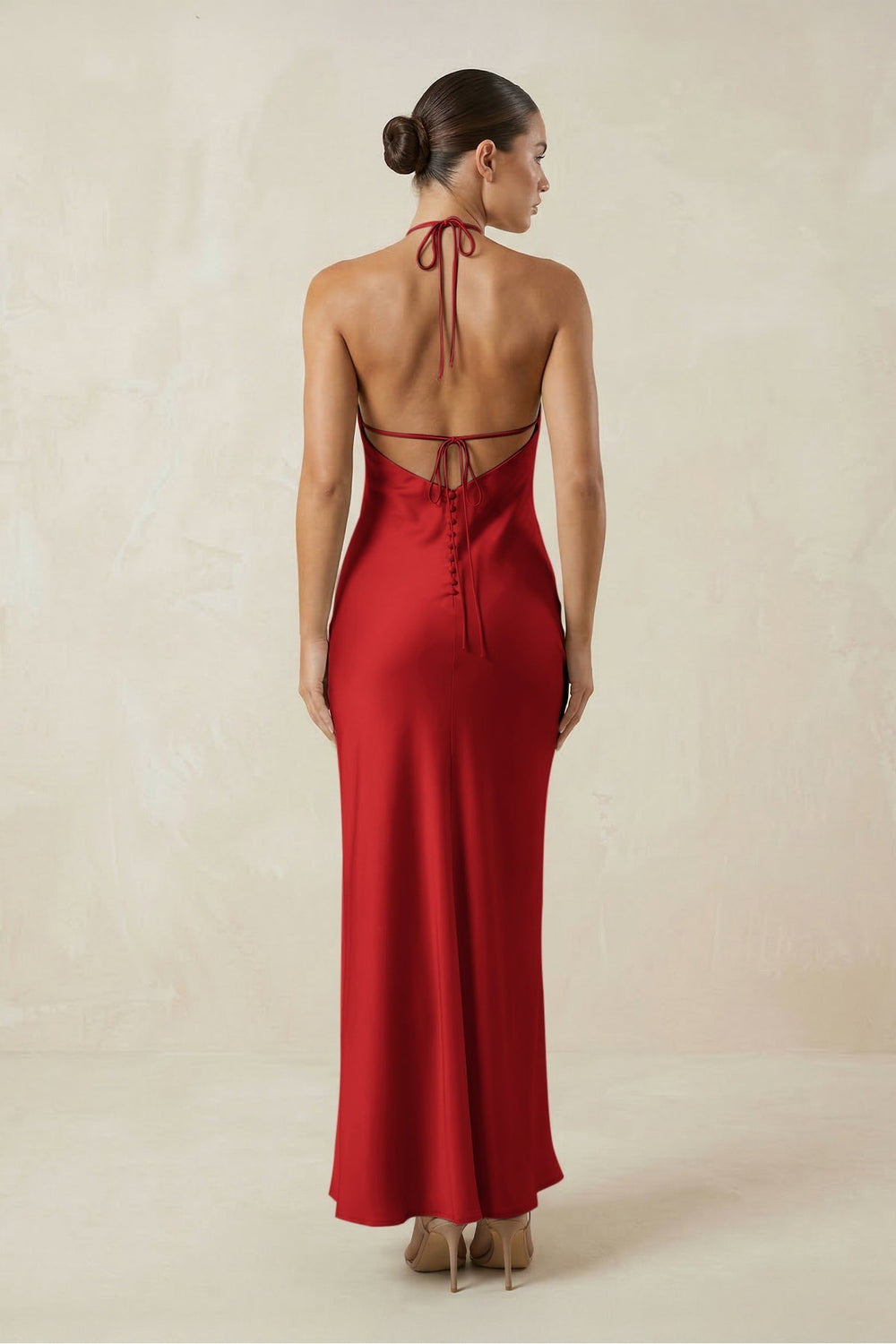 Halter Satin Sheath Midi Bridesmaid Dress in Spice