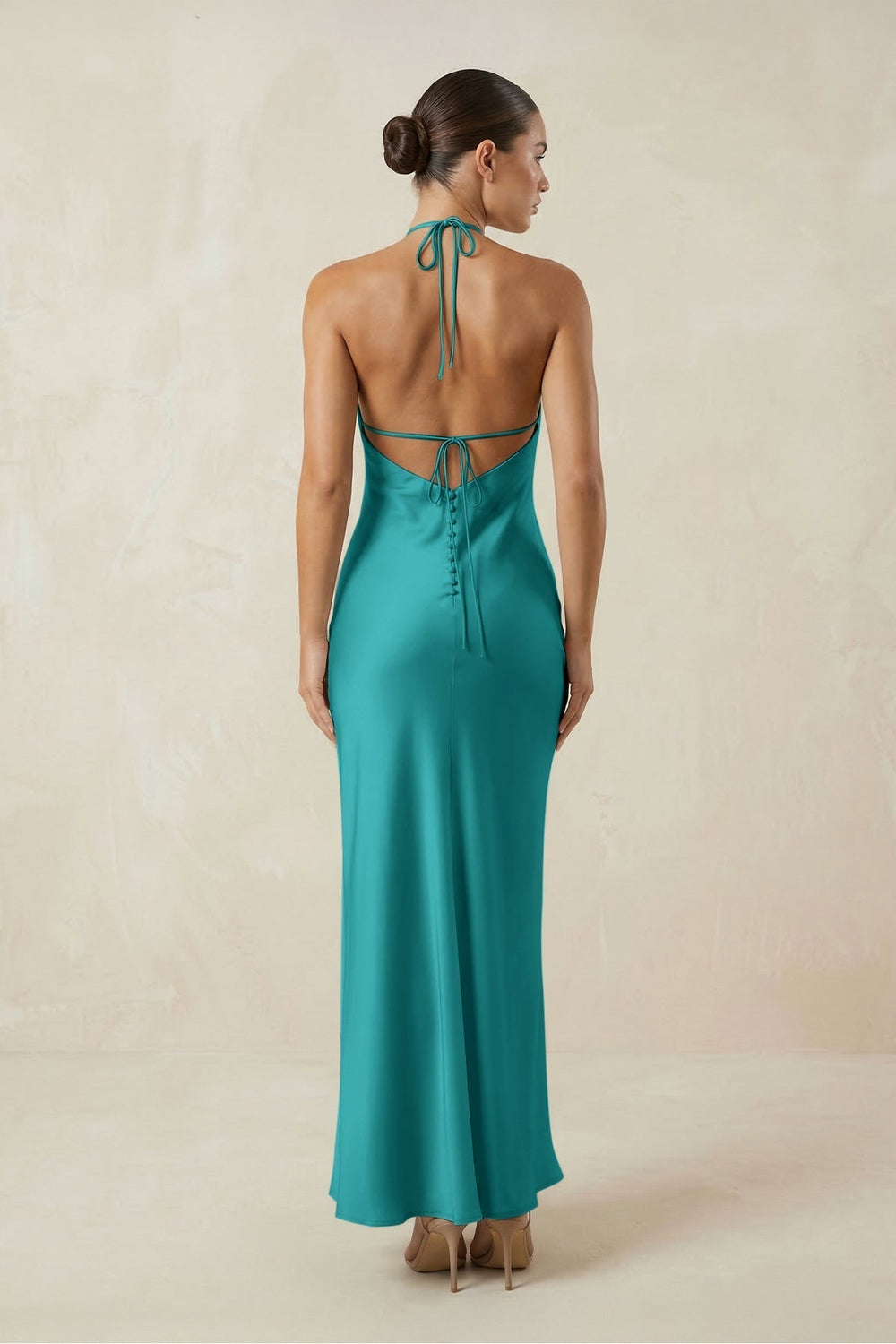 Halter Satin Sheath Midi Bridesmaid Dress in Turquoise