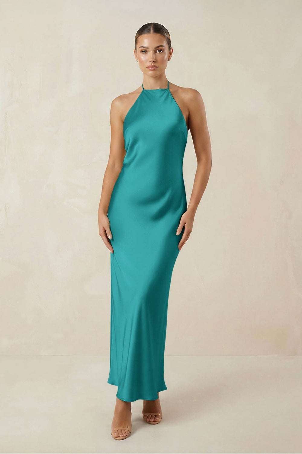 Halter Satin Sheath Midi Bridesmaid Dress in Turquoise