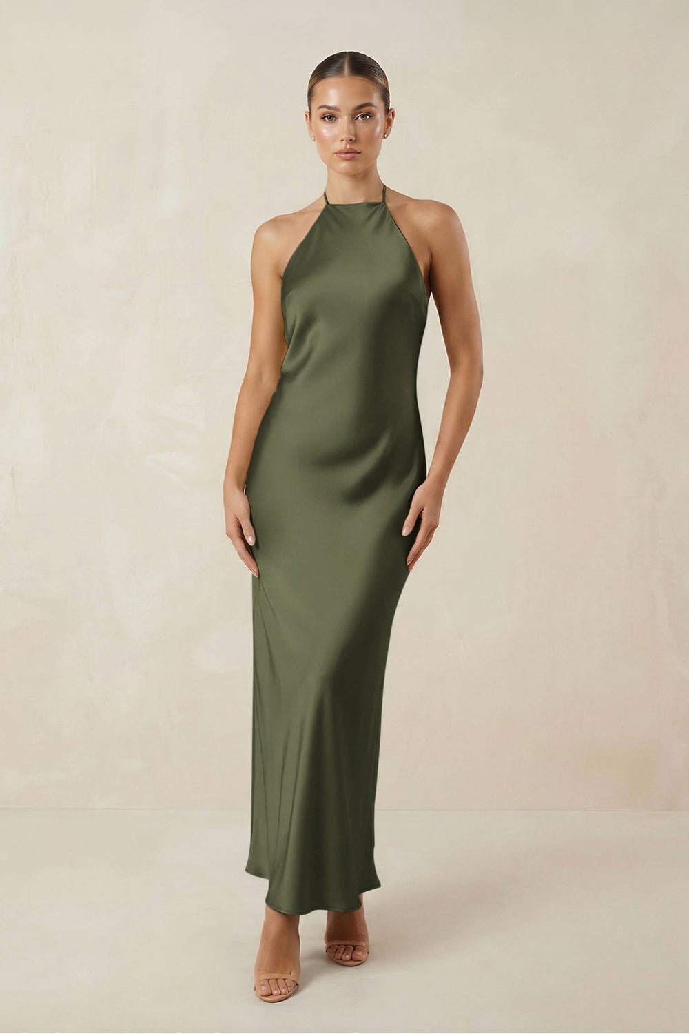 Halter Satin Sheath Midi Bridesmaid Dress in Willow Green