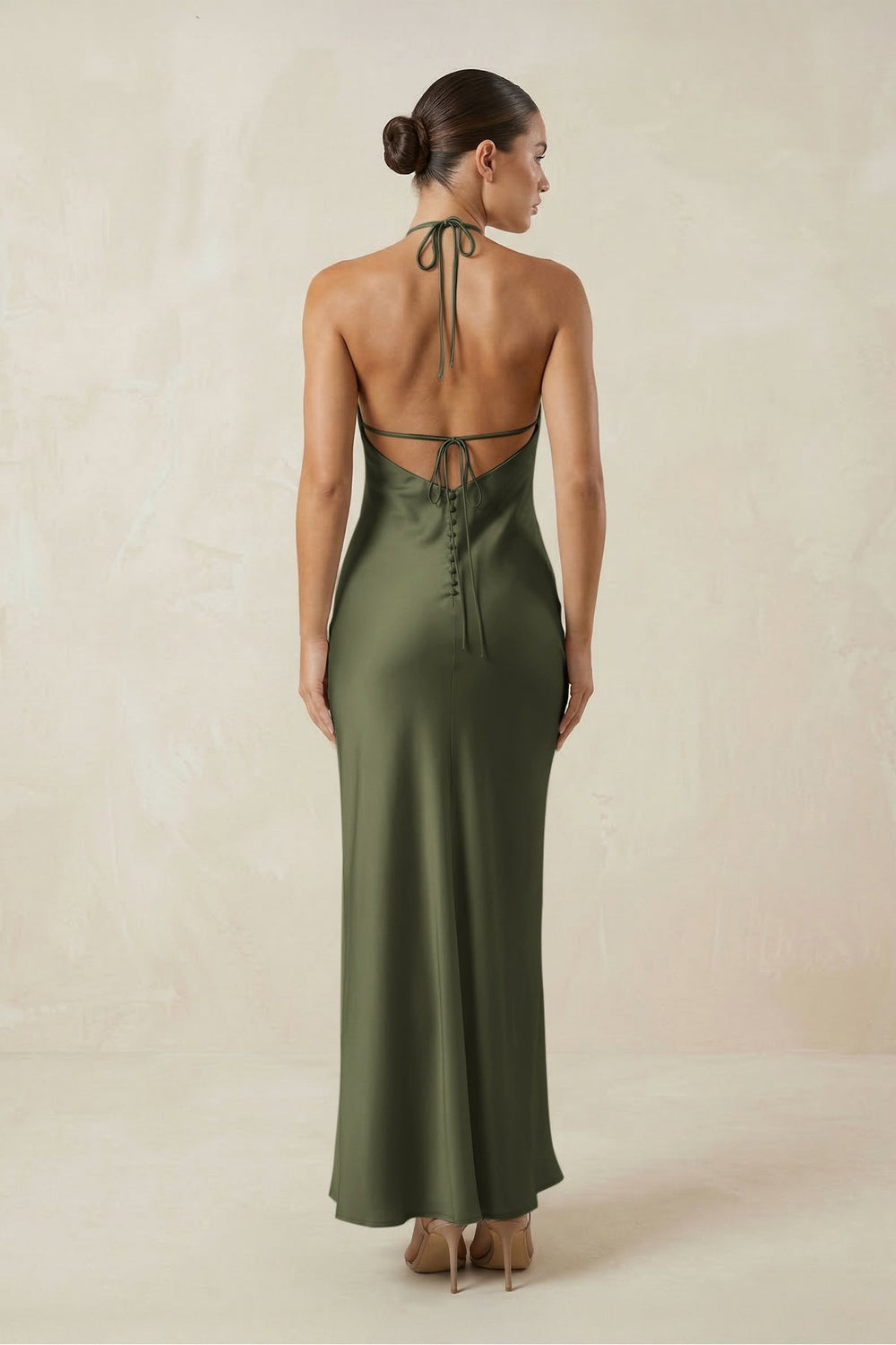 Halter Satin Sheath Midi Bridesmaid Dress in Willow Green
