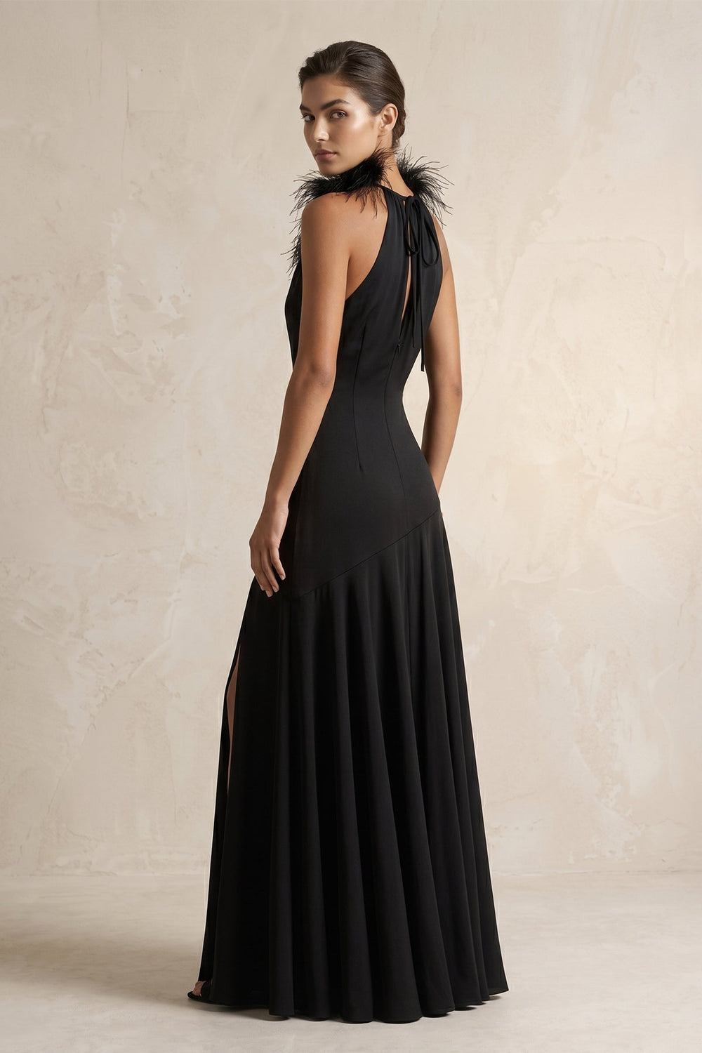 Halter Sheath Feather Satin Maxi Dress with Slit in Black