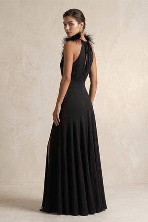 Halter Sheath Feather Satin Wedding Dress with Slit in Black - KISS BRIDAL Wedding Dresses