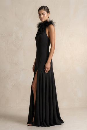 Halter Sheath Feather Satin Wedding Dress with Slit in Black - KISS BRIDAL Wedding Dresses