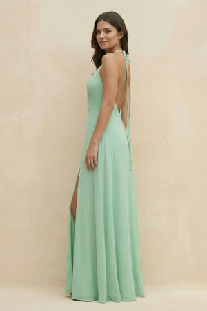 Halter Sheath Long Chiffon Bridesmaid Dress in Pale Pistachio - KISS BRIDAL BRIDESMAID DRESSES