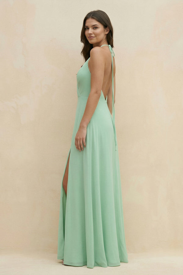 Halter Sheath Long Chiffon Bridesmaid Dress in Pale Pistachio - KISS BRIDAL BRIDESMAID DRESSES