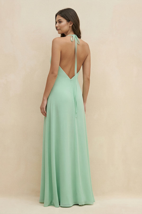 Halter Sheath Long Chiffon Bridesmaid Dress in Pale Pistachio - KISS BRIDAL BRIDESMAID DRESSES