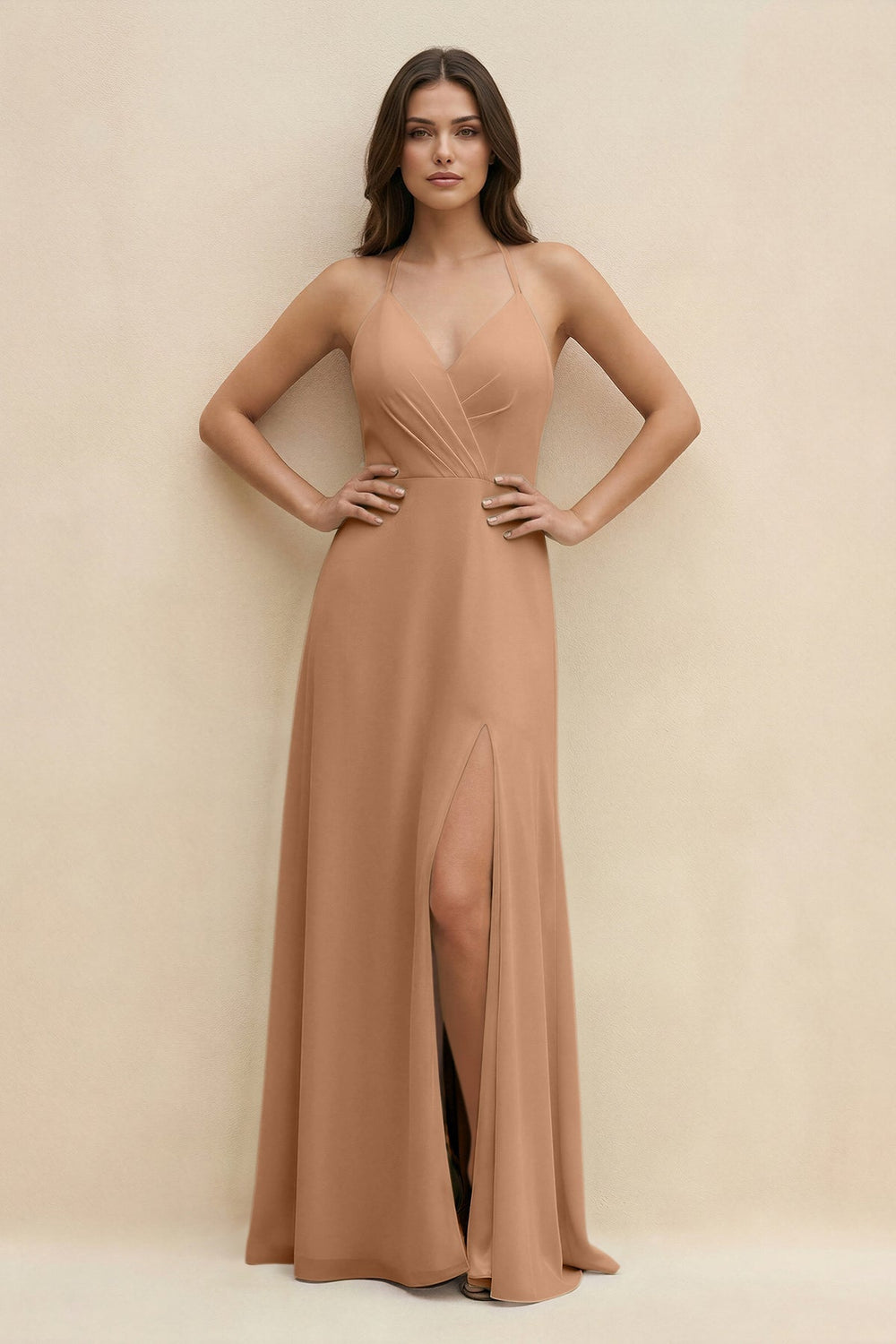 Halter Sheath Long Chiffon Bridesmaid Dress in Bronzer