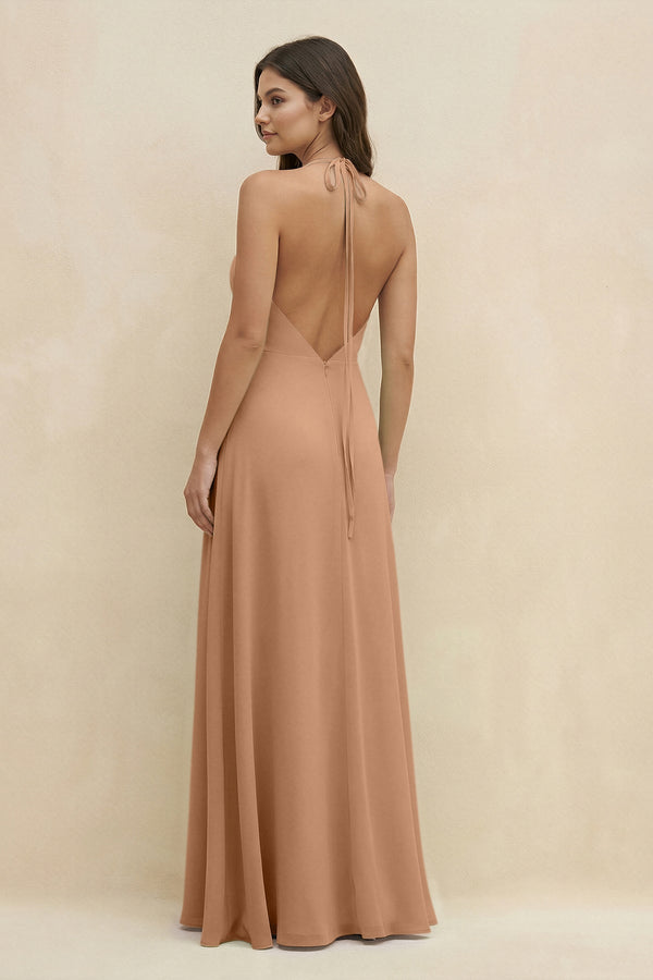 Halter Sheath Long Chiffon Bridesmaid Dress in Bronzer - KISS BRIDAL BRIDESMAID DRESSES