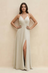 Halter Sheath Long Chiffon Bridesmaid Dress in Dove Gray - KISS BRIDAL BRIDESMAID DRESSES