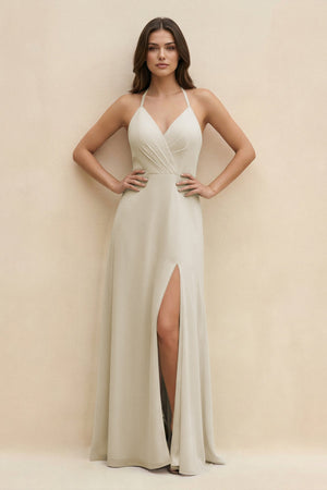 Halter Sheath Long Chiffon Bridesmaid Dress in Dove Gray - KISS BRIDAL BRIDESMAID DRESSES