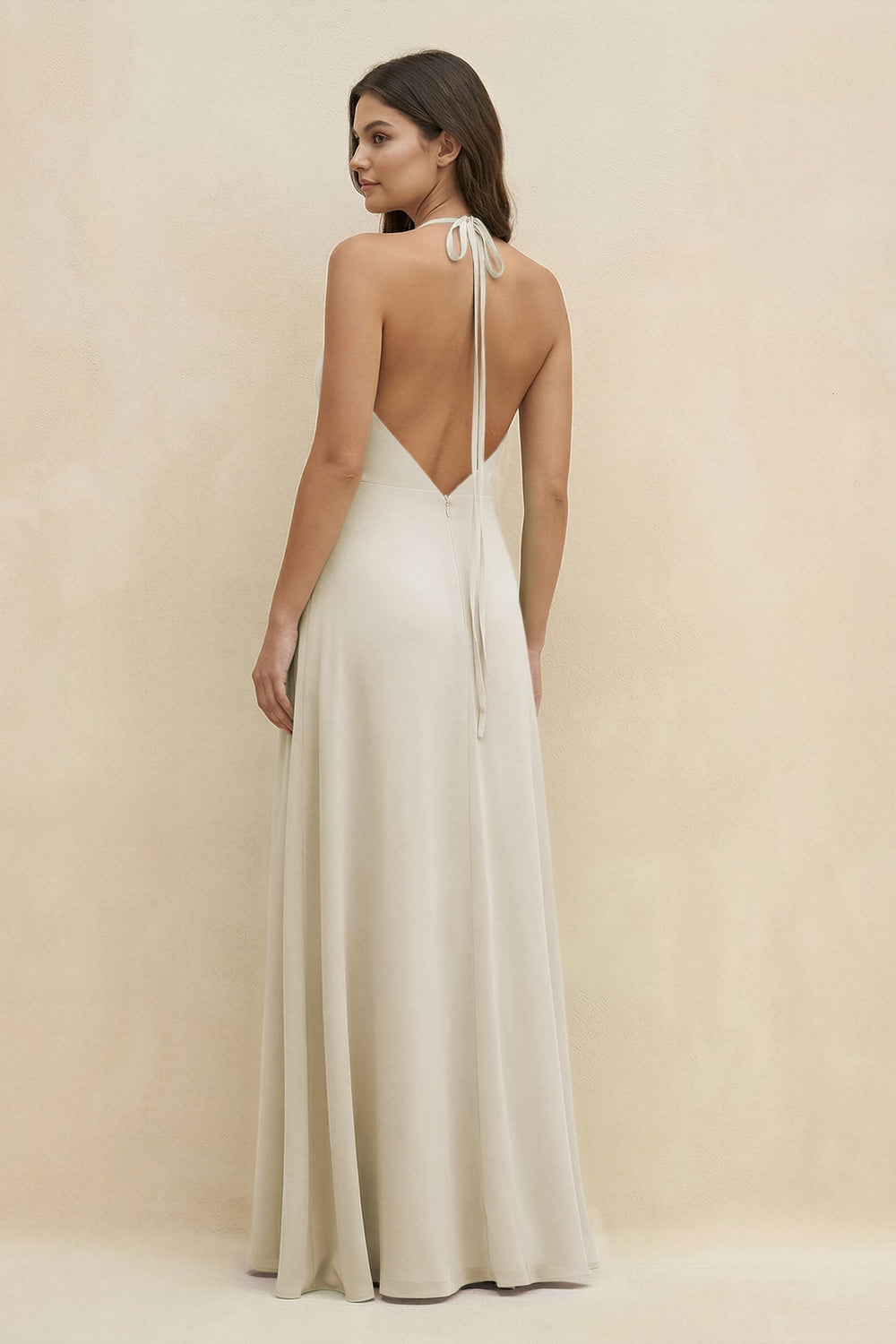 Halter Sheath Long Chiffon Bridesmaid Dress in Dove Gray