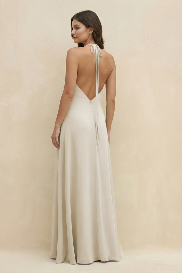 Halter Sheath Long Chiffon Bridesmaid Dress in Dove Gray - KISS BRIDAL BRIDESMAID DRESSES