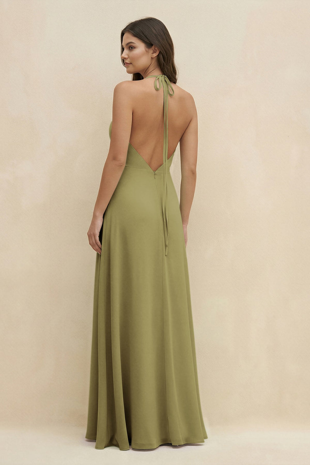 Halter Sheath Long Chiffon Bridesmaid Dress in Moss Green