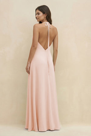 Halter Sheath Long Chiffon Bridesmaid Dress in Pale Blush - KISS BRIDAL BRIDESMAID DRESSES