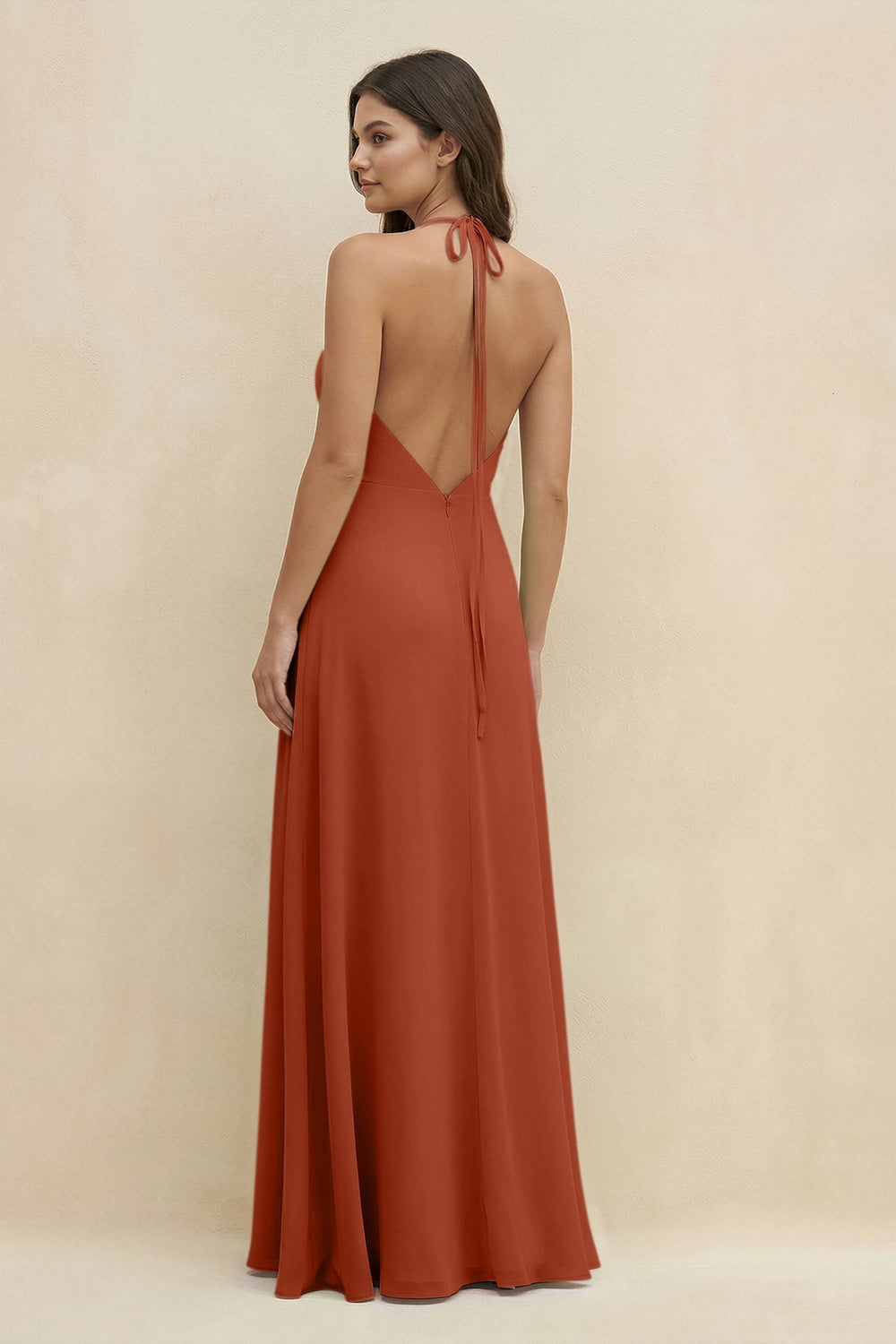 Halter Sheath Long Chiffon Bridesmaid Dress in Spice
