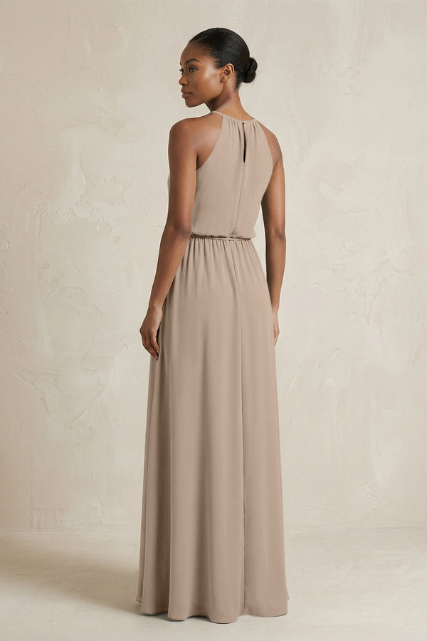 Halter Sheath Ruched Chiffon Bridesmaid Dress in Almond (2) | KISSBRIDAL