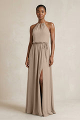 Halter Sheath Ruched Chiffon Bridesmaid Dress in Almond | KISSBRIDAL