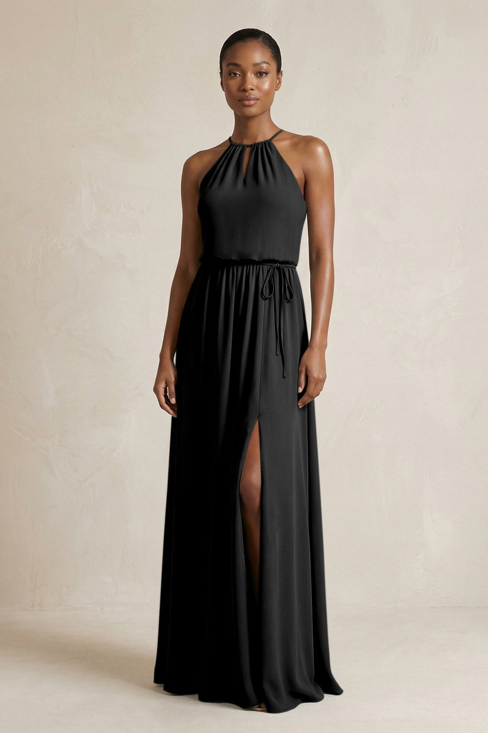 Halter Sheath Ruched Chiffon Bridesmaid Dress in Black