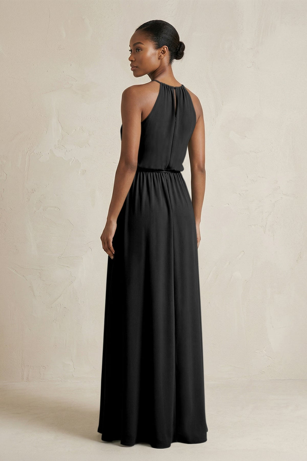 Halter Sheath Ruched Chiffon Bridesmaid Dress in Black