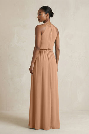 Halter Sheath Ruched Chiffon Bridesmaid Dress in Bronzer - KISS BRIDAL Bridesmaid Dresses
