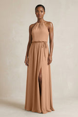 Halter Sheath Ruched Chiffon Bridesmaid Dress in Bronzer - KISS BRIDAL Bridesmaid Dresses