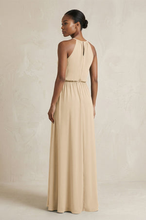 Halter Sheath Ruched Chiffon Bridesmaid Dress in Champagne (2) | KISSBRIDAL