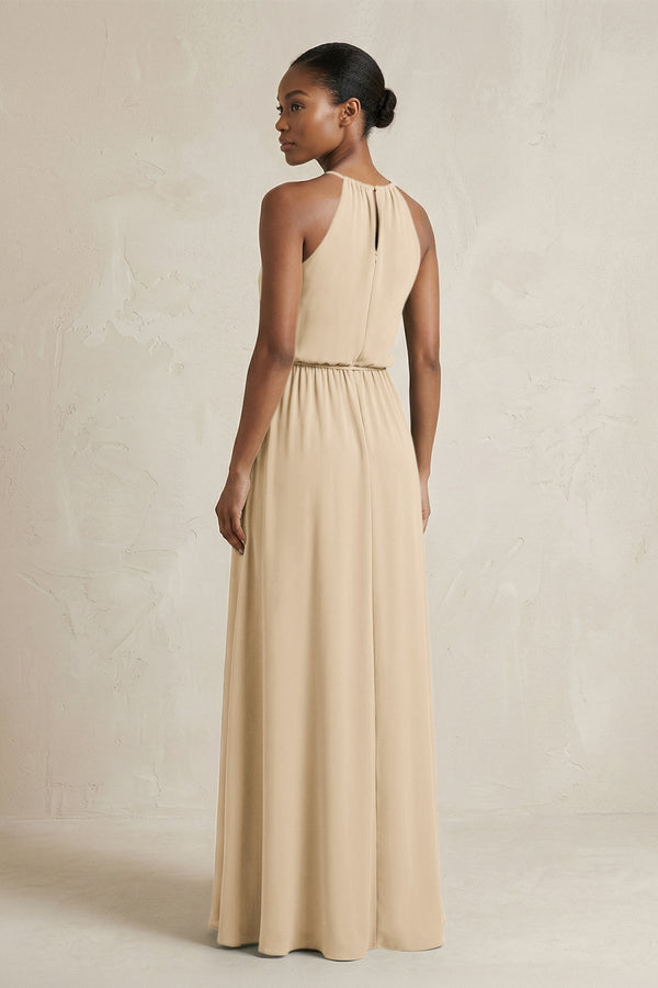 Halter Sheath Ruched Chiffon Bridesmaid Dress in Champagne (2) | KISSBRIDAL