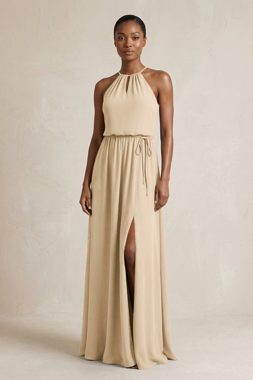 Halter Sheath Ruched Chiffon Bridesmaid Dress in Champagne | KISSBRIDAL