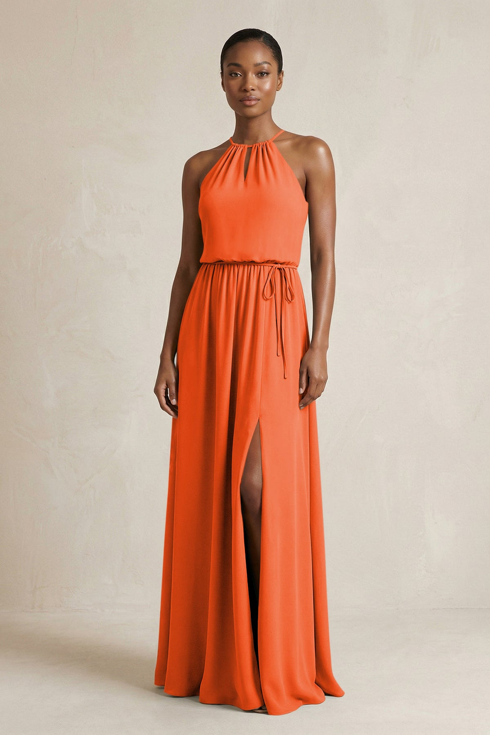 Halter Sheath Ruched Chiffon Bridesmaid Dress in Cinnamon