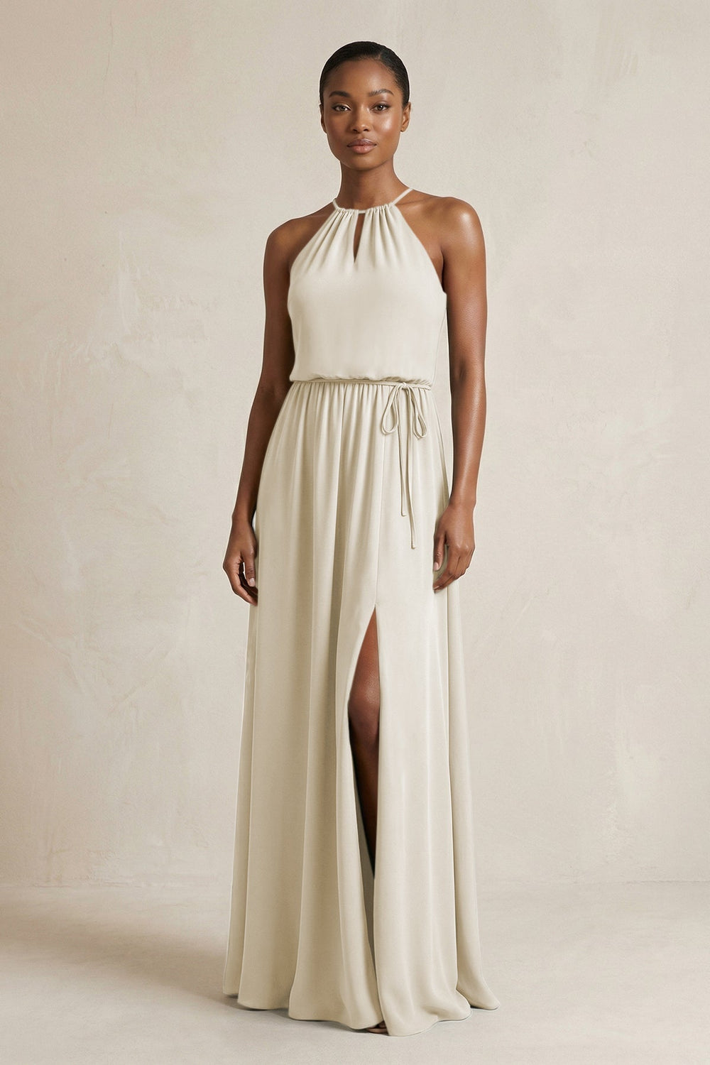 Halter Sheath Ruched Chiffon Bridesmaid Dress in Dove Gray