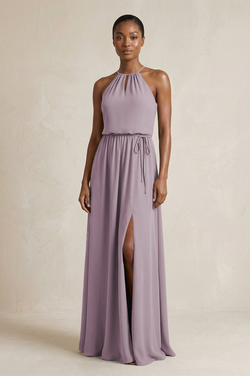 Halter Sheath Ruched Chiffon Bridesmaid Dress in Dusk