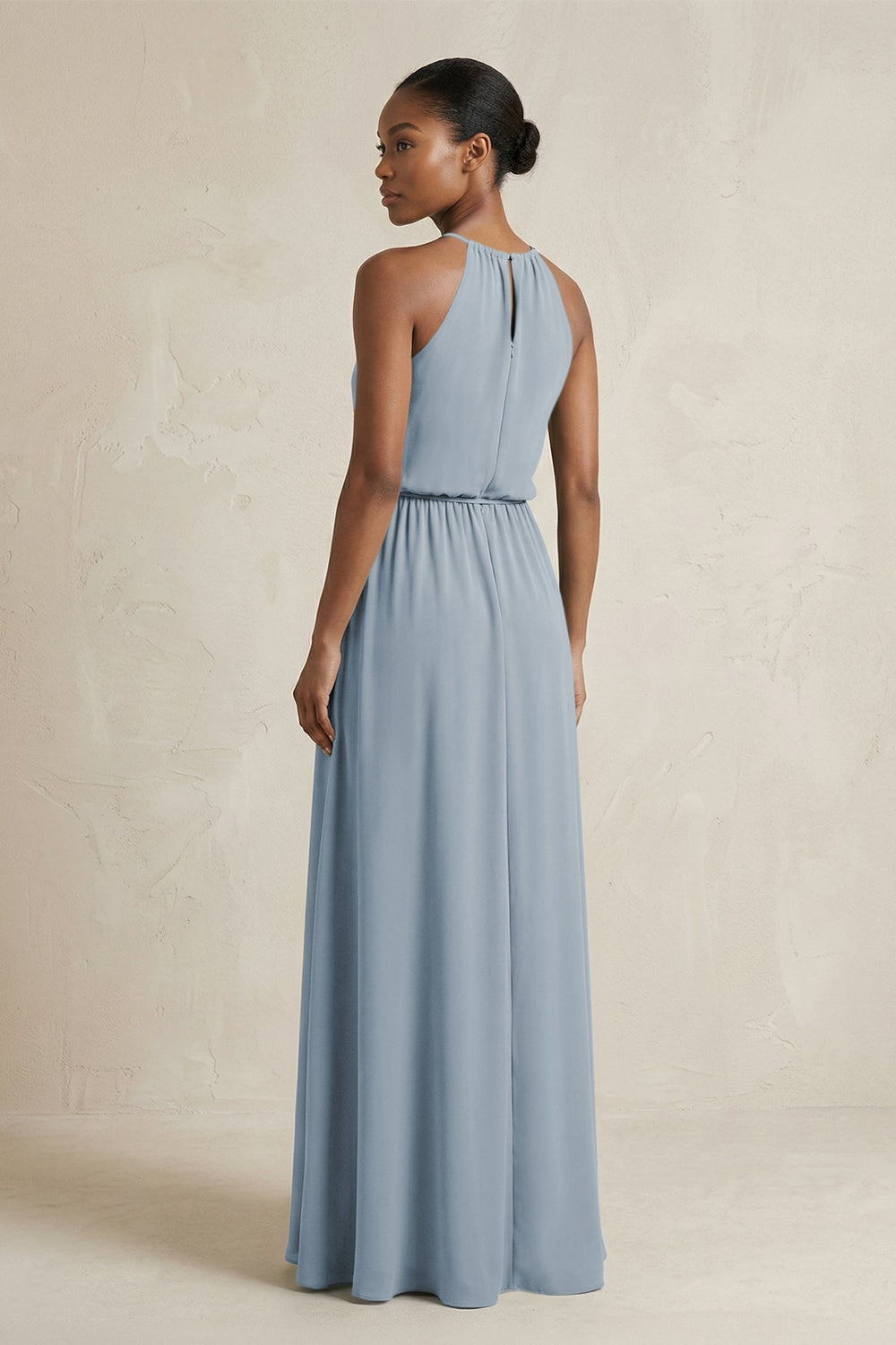 Halter Sheath Ruched Chiffon Bridesmaid Dress in Dusty Blue