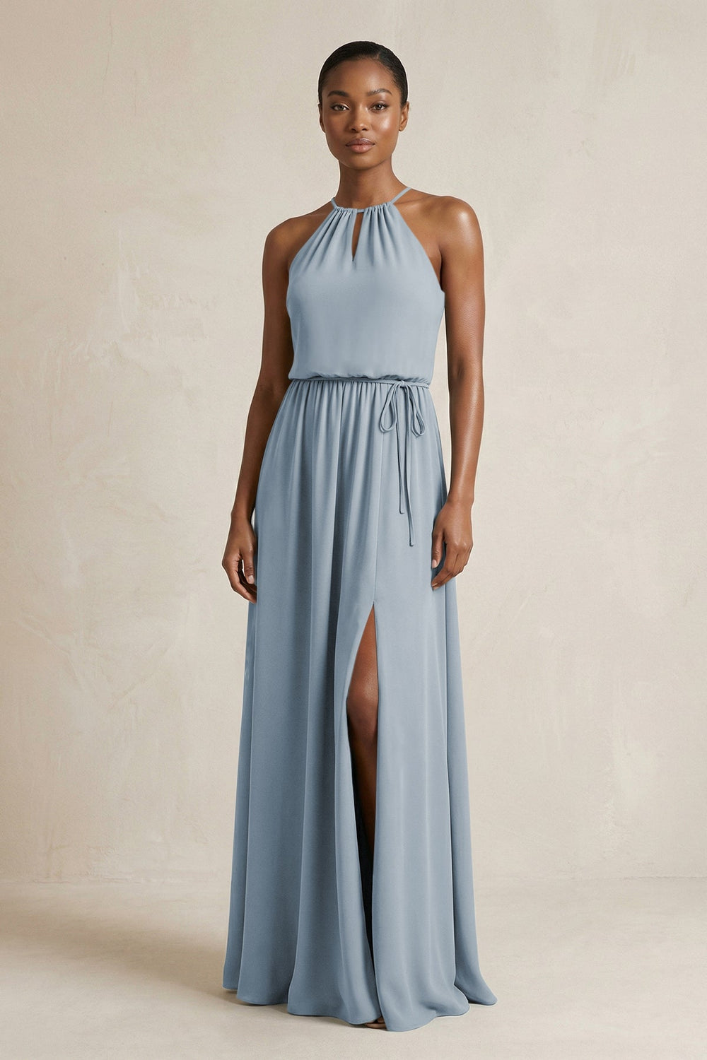 Halter Sheath Ruched Chiffon Bridesmaid Dress in Dusty Blue