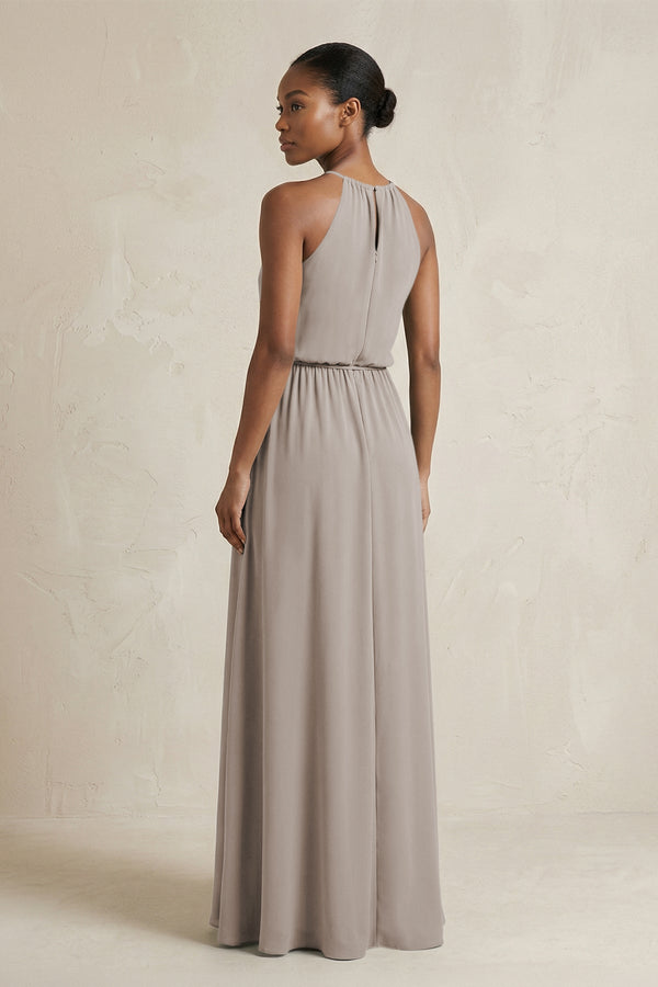 Halter Sheath Ruched Chiffon Bridesmaid Dress in Frost (2) | KISSBRIDAL