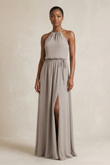 Halter Sheath Ruched Chiffon Bridesmaid Dress in Frost | KISSBRIDAL