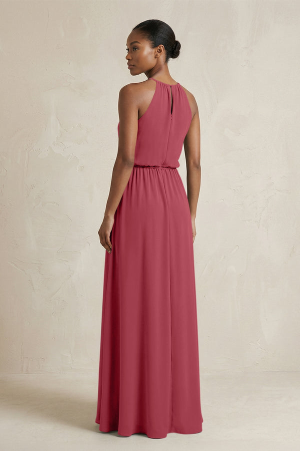 Halter Sheath Ruched Chiffon Bridesmaid Dress in Merlot (2) | KISSBRIDAL