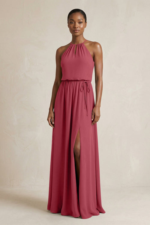Halter Sheath Ruched Chiffon Bridesmaid Dress in Merlot | KISSBRIDAL