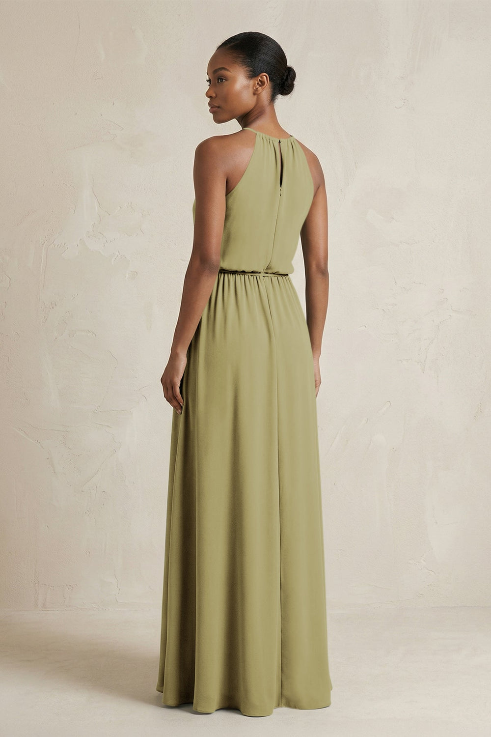 Halter Sheath Ruched Chiffon Bridesmaid Dress in Moss Green