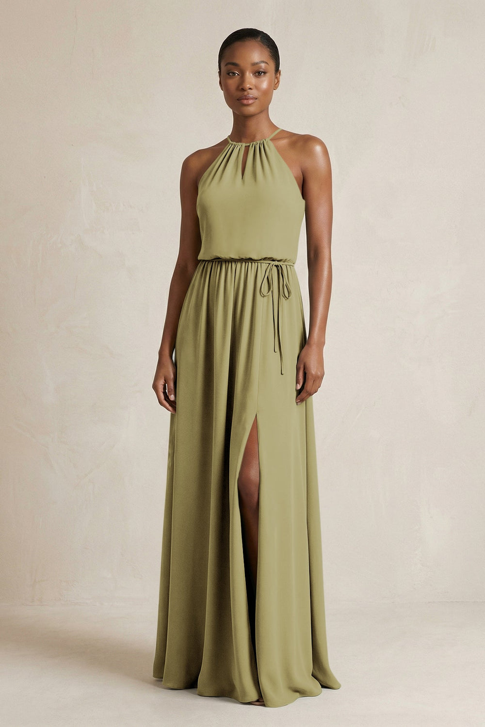 Halter Sheath Ruched Chiffon Bridesmaid Dress in Moss Green